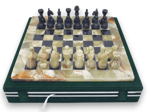 Green Onyx and Black Marble Chess Set in Green Case