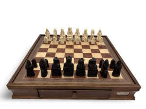 Dal Rossi Isle of Lewis Chess Pieces with 50cm Wooden Chess Board with Storage Drawers - initial position Dal Rossi Isle of Lewis Chess Pieces with 50cm Wooden Chess Board with Storage Drawers - initial position