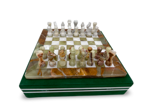 Green Onyx & White Marble Chess Set - Green Velur Case Green Onyx & White Marble Chess Set - Green Velur Case