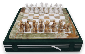 Green Onyx & White Marble Chess Set with Green Velur Case