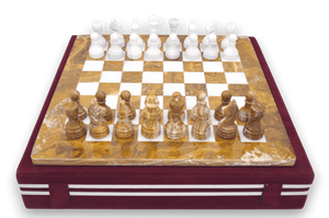 Red Onyx and White Marble Chess Set with Burgundy Case