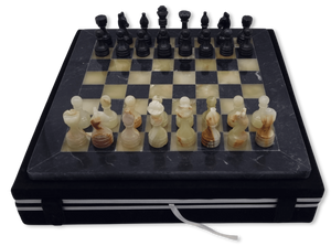 Green Onyx & Black Marble Chess Set - Black Velur Case Green Onyx & Black Marble Chess Set - Black Velur Case