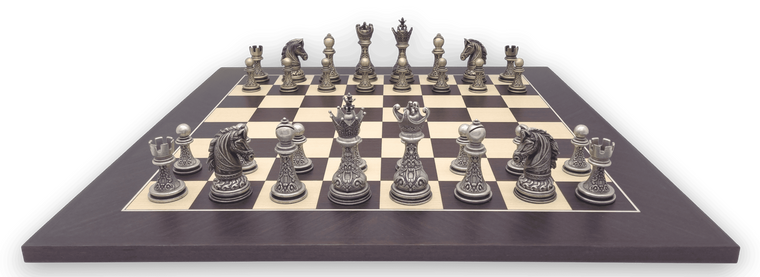 Baroque Staunton Metal 90mm Chess Pieces with 50cm Wenge Chess Board Deluxe
