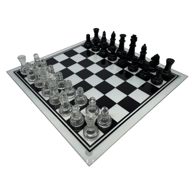 Glass Chess Set 35cm with Clear and Black pieces (GS03B) 