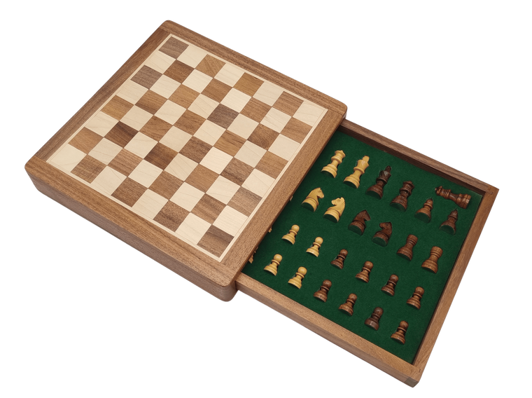 Rex Noir Square Magnetic Travel Chess Set 25cm with drawer (SQU-S-25) open