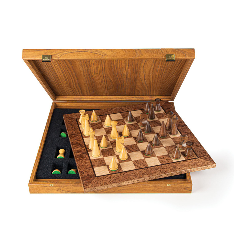 Manopoulos Walnut Burl 40cm Board with 76mm Modern Chess Pieces and Storage Box