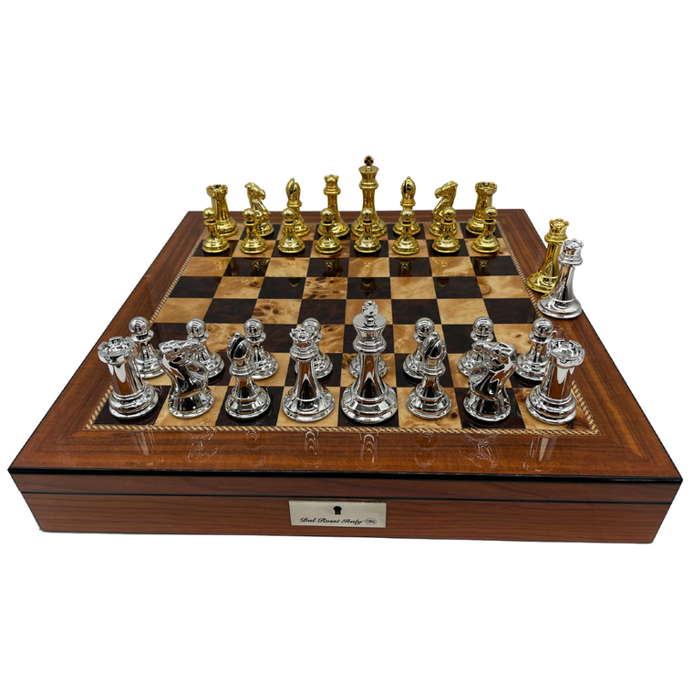 Dal Rossi 50cm Walnut Board & 105mm Gold/Silver Colour Chess Pieces