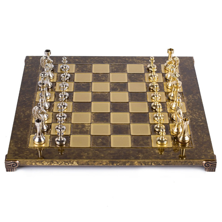 Manopoulos CLASSIC METAL STAUNTON CHESS SET with gold/silver chessmen and bronze chessboard Brown 36cm