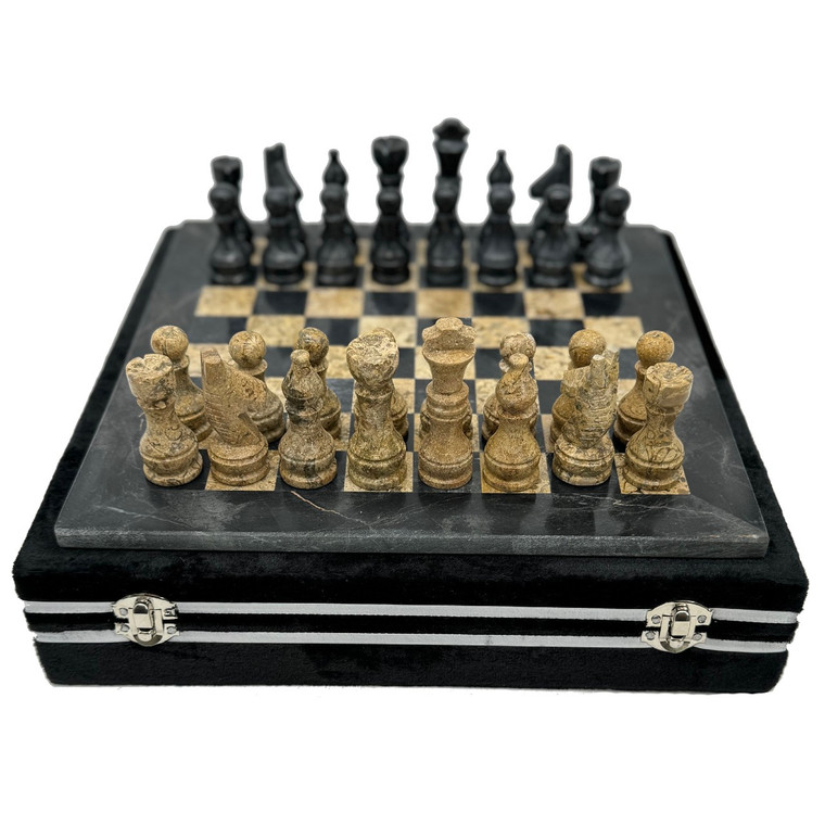 12" Onyx Marble Chess Set with Velour Case Black / Fossil