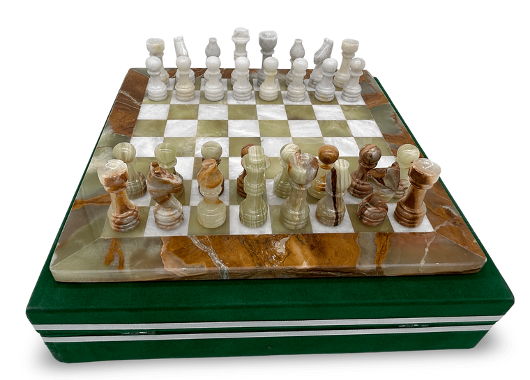 Green Onyx & White Marble Chess Set with Green Velur Case