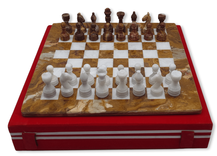 Red Onyx & White Marble Chess Set with Red Case