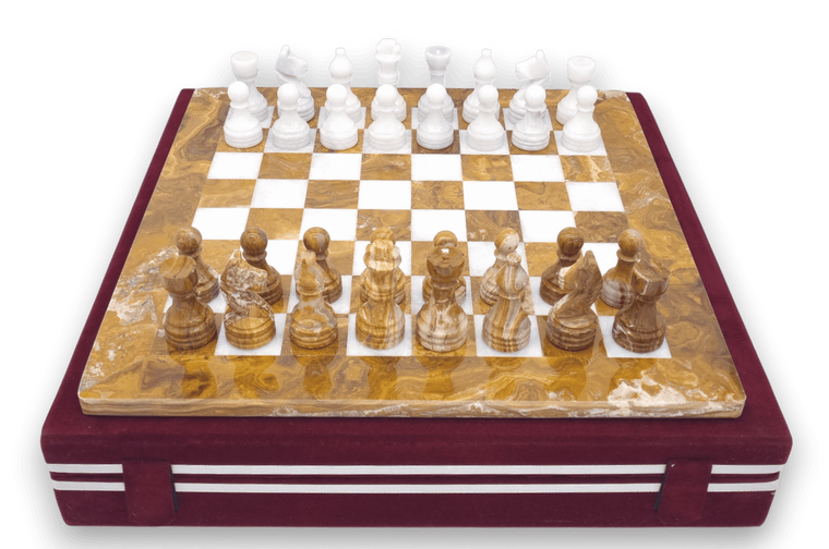 Red Onyx and White Marble Chess Set with Burgundy Case