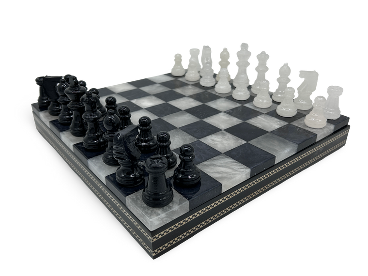 Obsidian Mist Modern Alabaster Chess Set with wooden box