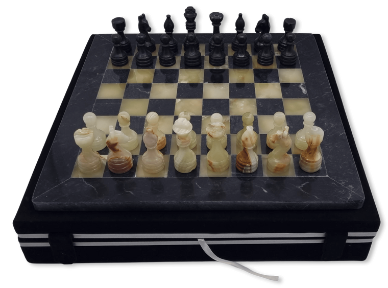 Green Onyx & Black Marble Chess Set - Black Velur Case