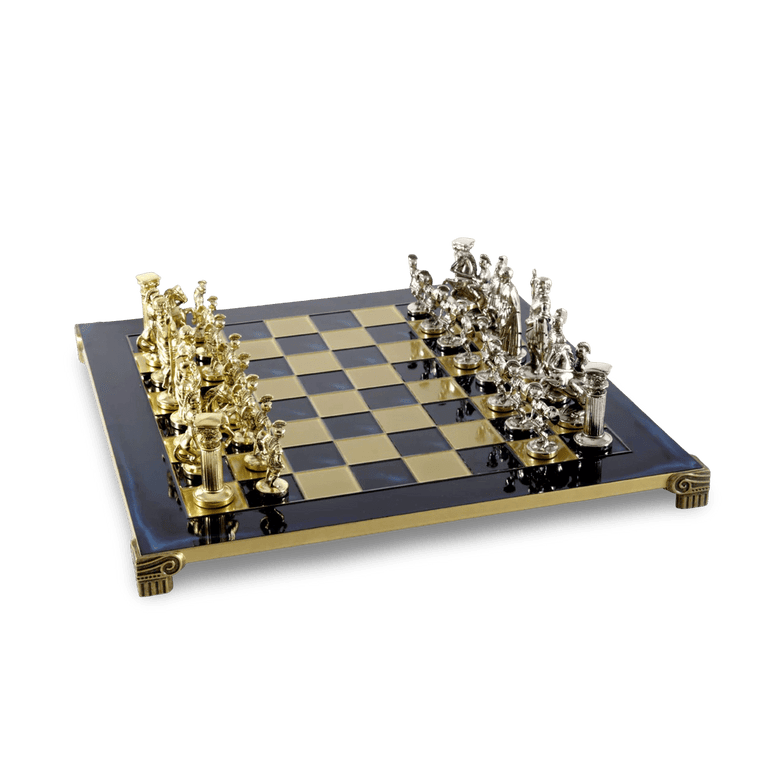Greek Roman chess pieces blue metal chess board themed chess set side view
