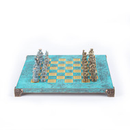 Manopoulos GREEK ROMAN PERIOD CHESS SET with blue/brown chessmen and bronze chessboard 28cm (S3BTIR)