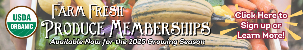 Farm fresh organic produce memberships are available now for the 2025 growing season! Sign up today for a traditional CSA or our unique Open Market produce membership! Eat healthy, organic, local produce from Coveyou Scenic Farm!