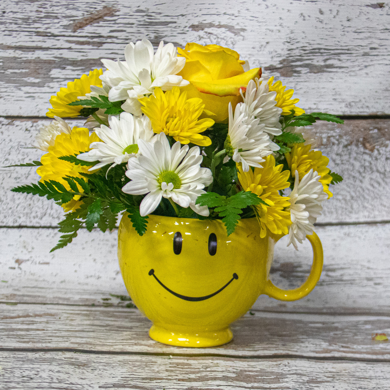 Happy Face Mug Arrangement, Loveland Flower Delivery