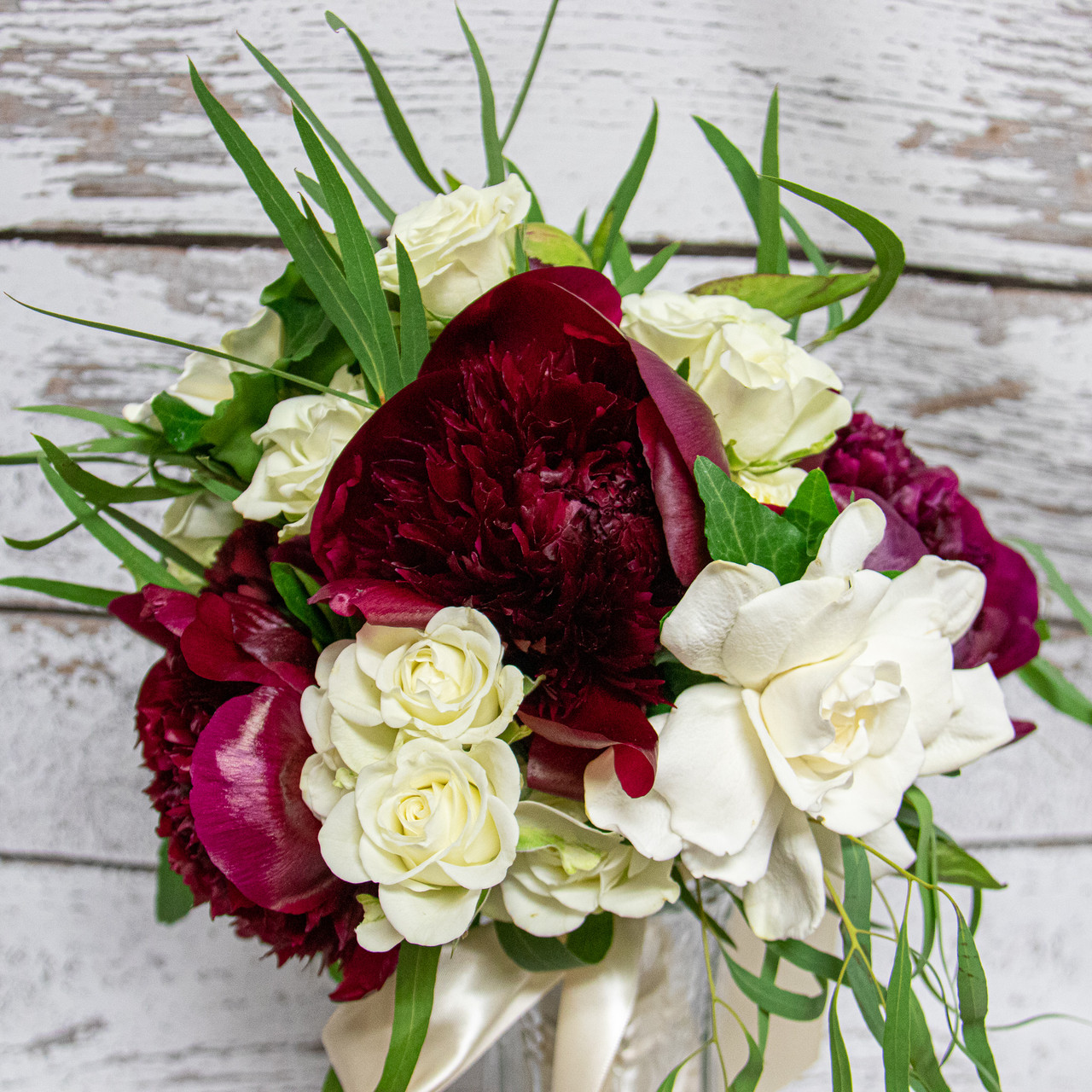 Burgundy and blush bridal bouquet with roses Romantic eucalyptus