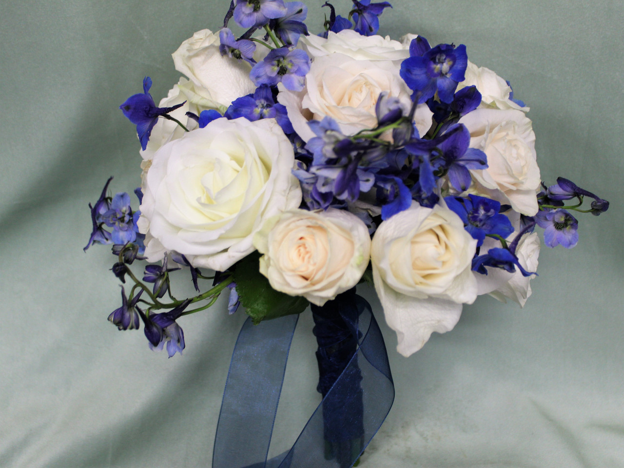 White Rose with Thin Navy and White Ribbon BC – Royal Flowers and Gallery