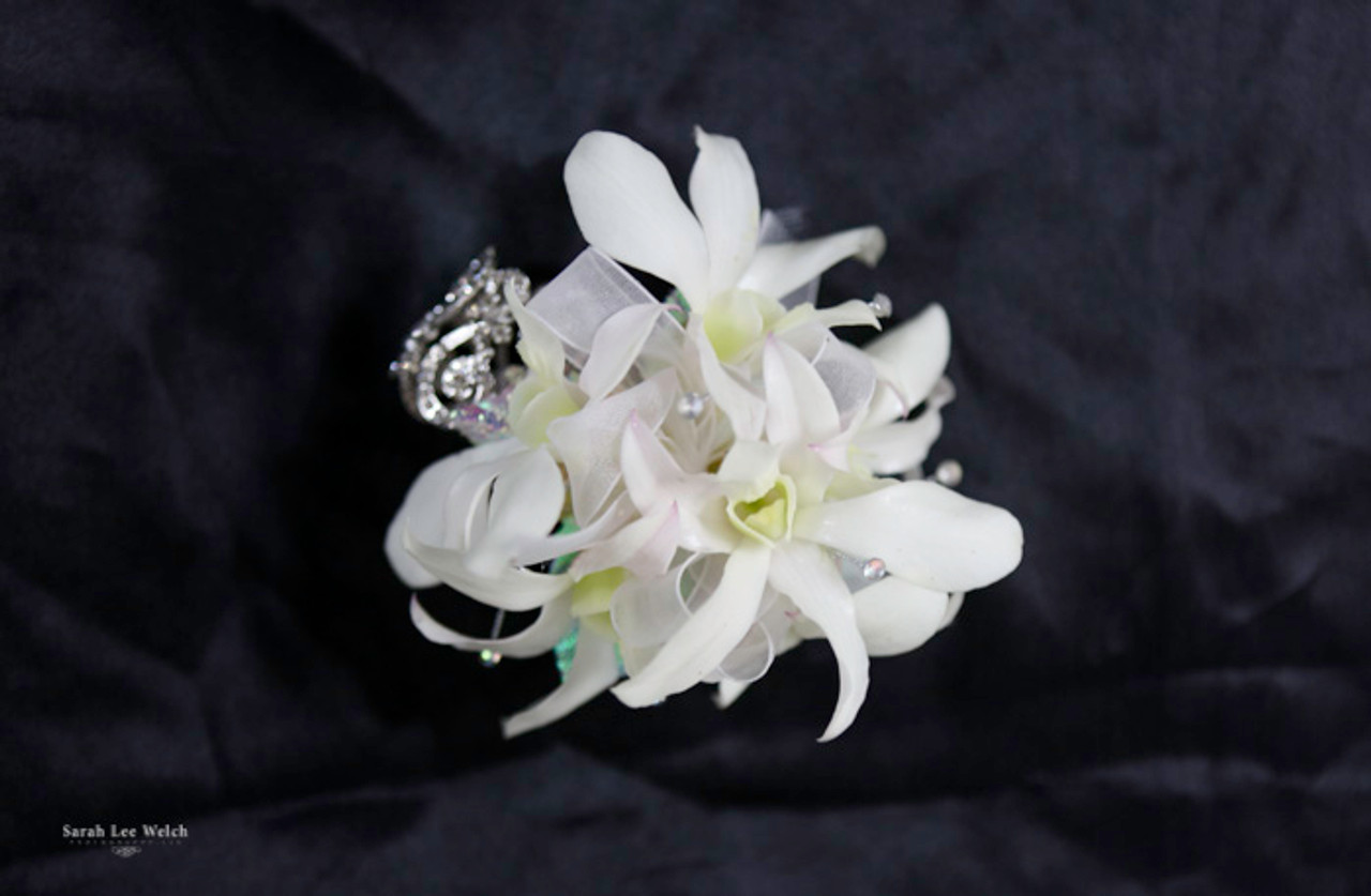 White Orchid Corsage Silver And Bling Accent On Keepsake Bracelet Earle S Loveland Floral And Gifts