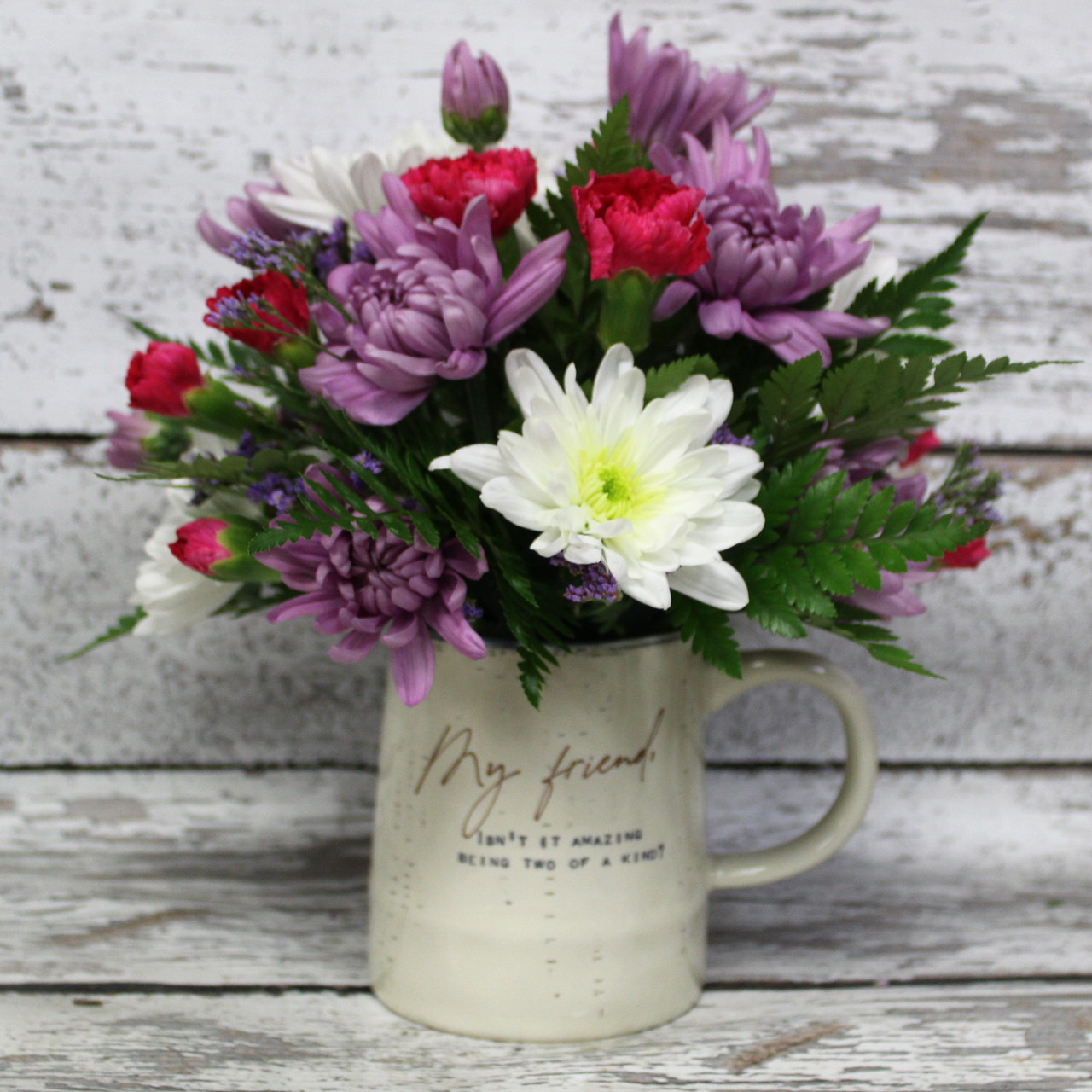 Happy Face Mug Arrangement, Loveland Flower Delivery