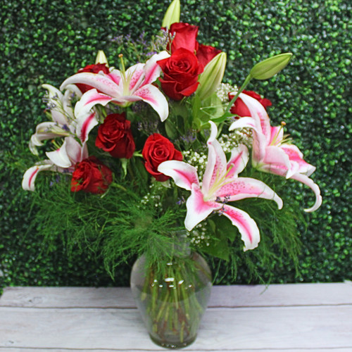 Dozen Roses and Stargazer Lilies Vase Arrangement - Pick Your Color