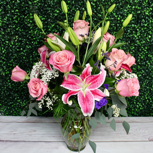 Dozen Roses With Stargazer Lilies Vase Arrangement - Pick Your Rose Color