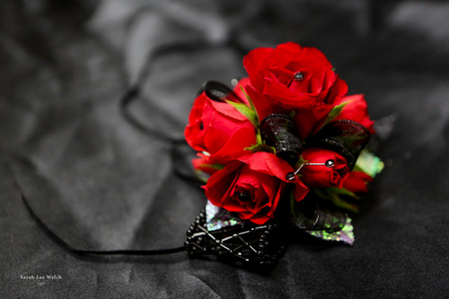 Red Rose Corsage  with Black Accents (Shown With Upgraded Bracelet)