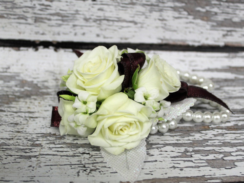 White Rose Corsage on Pearl Bracelet