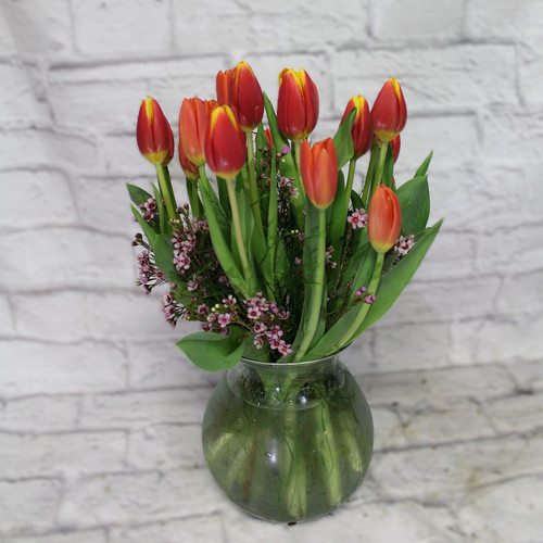 Large Bright Tulips Vase Arrangement
