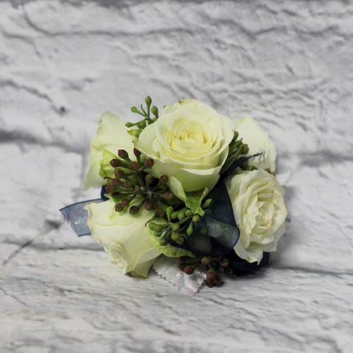 White Rose and Navy Accent Corsage