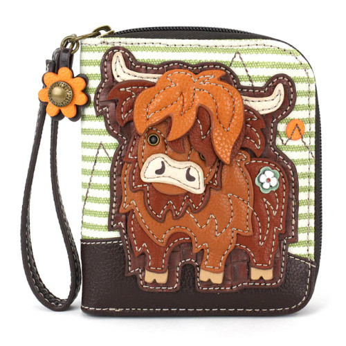 Green Stripe Highland Cow Zip Around Wallet