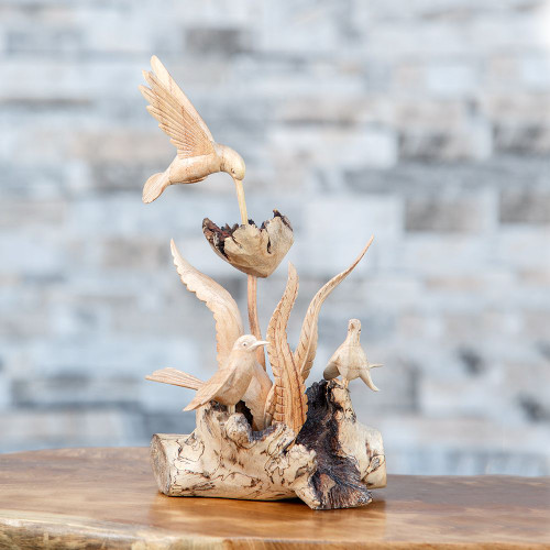 Family Hummingbirds on Tree Handcarved