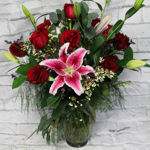 1 Dozen Red Roses and Stargazer Lilies Loveland Flower Delivery