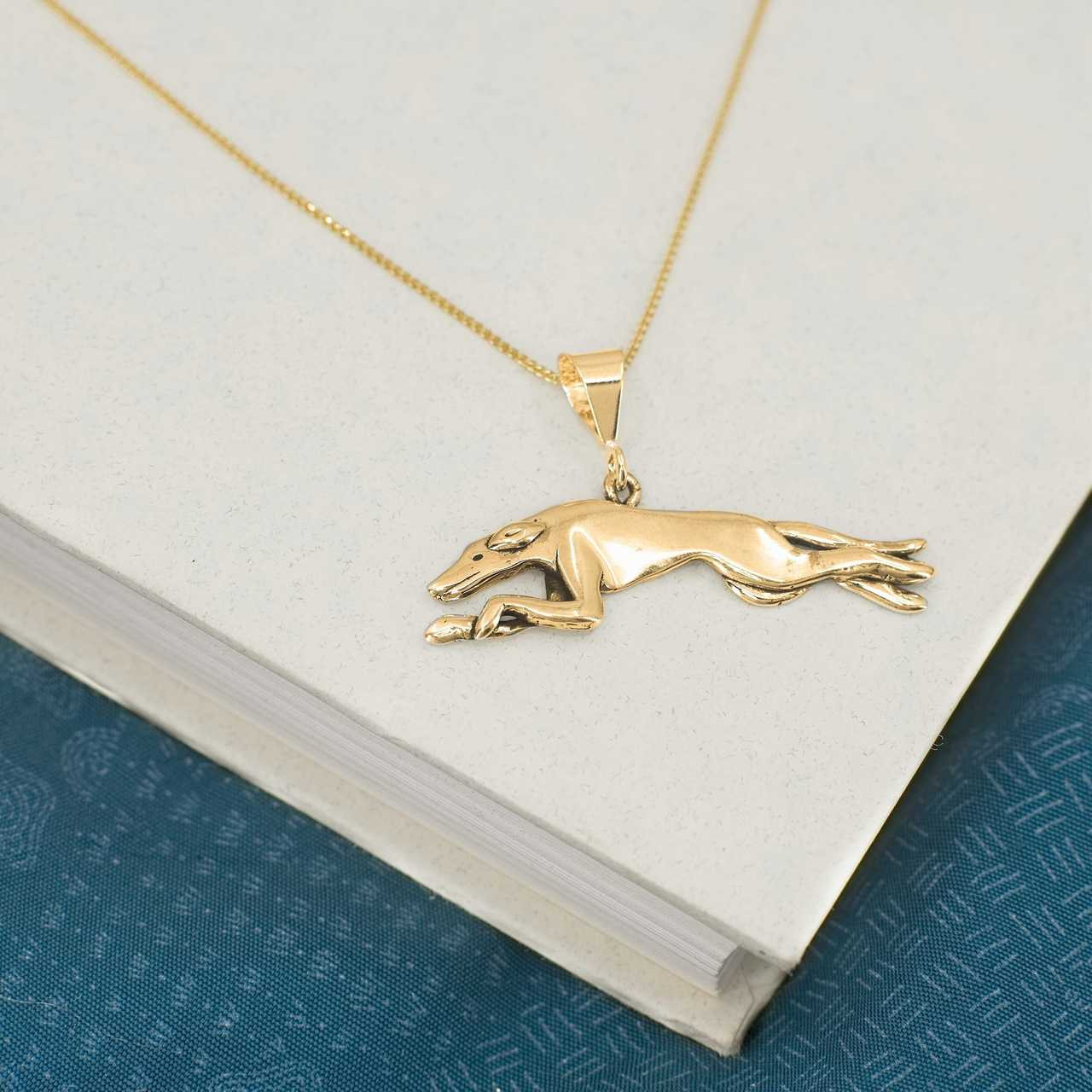 14K Solid Gold Running Greyhound Pendant