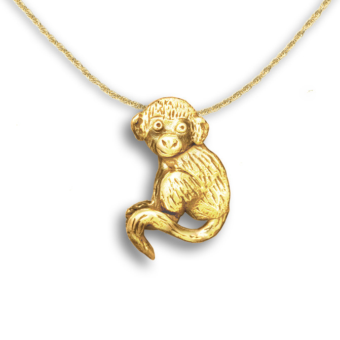 14K Gold Sitting Monkey Large Pendant - Monkey Jewelry
