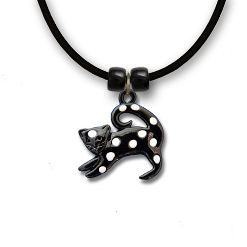 Enamel Black Cat White Polka Dots Necklace