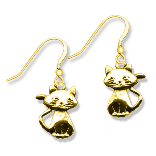 Solid 14K Yellow Gold Cat with Whiskers Earrings