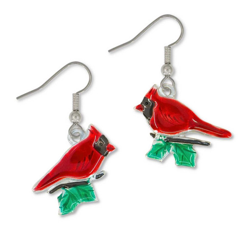 Enamel Cardinal and Holly Earrings