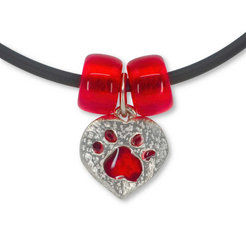 Enamel Red and Pewter Paw Print Heart Necklace