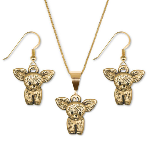 14K Solid Gold Chihuahua Puppy Earring and Pendant Set