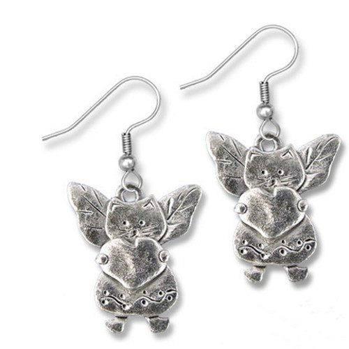 Pewter Cat Angel Earrings