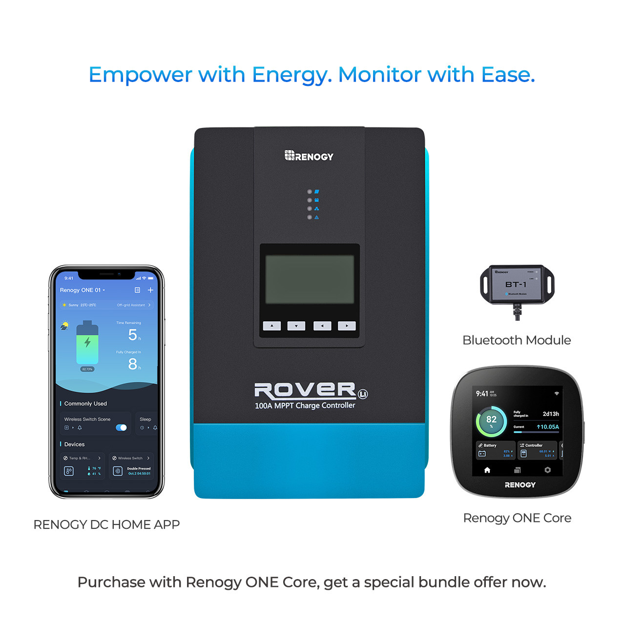 Rover 100 Amp MPPT Solar Charge Controller & BT-1 & Renogy ONE Core