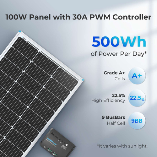 100W 12V Monocrystalline Solar Starter Kit w/Wanderer 30A Charge Controller