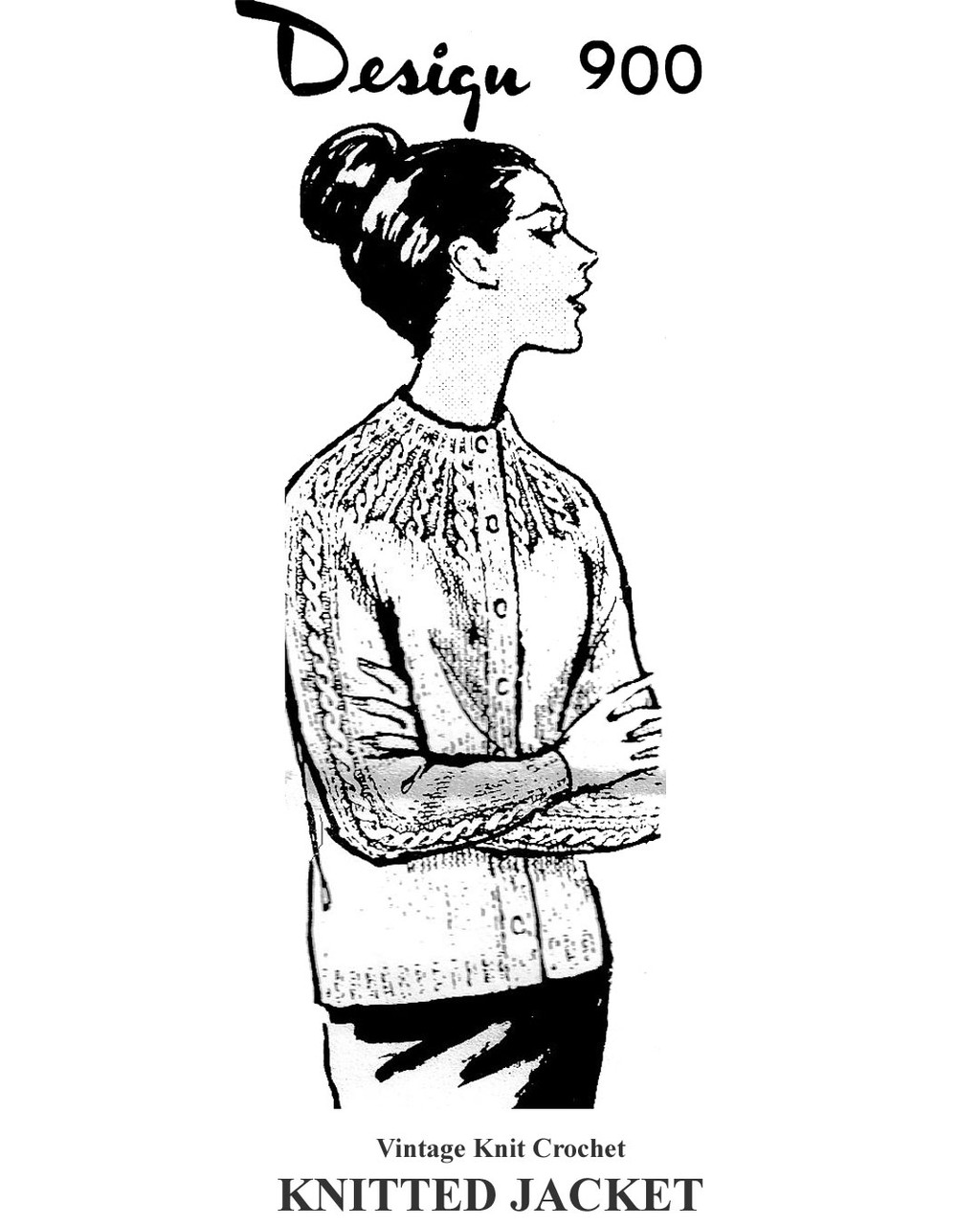 Knitted sweater jacket pattern, cable trim, Mail Order Design 900