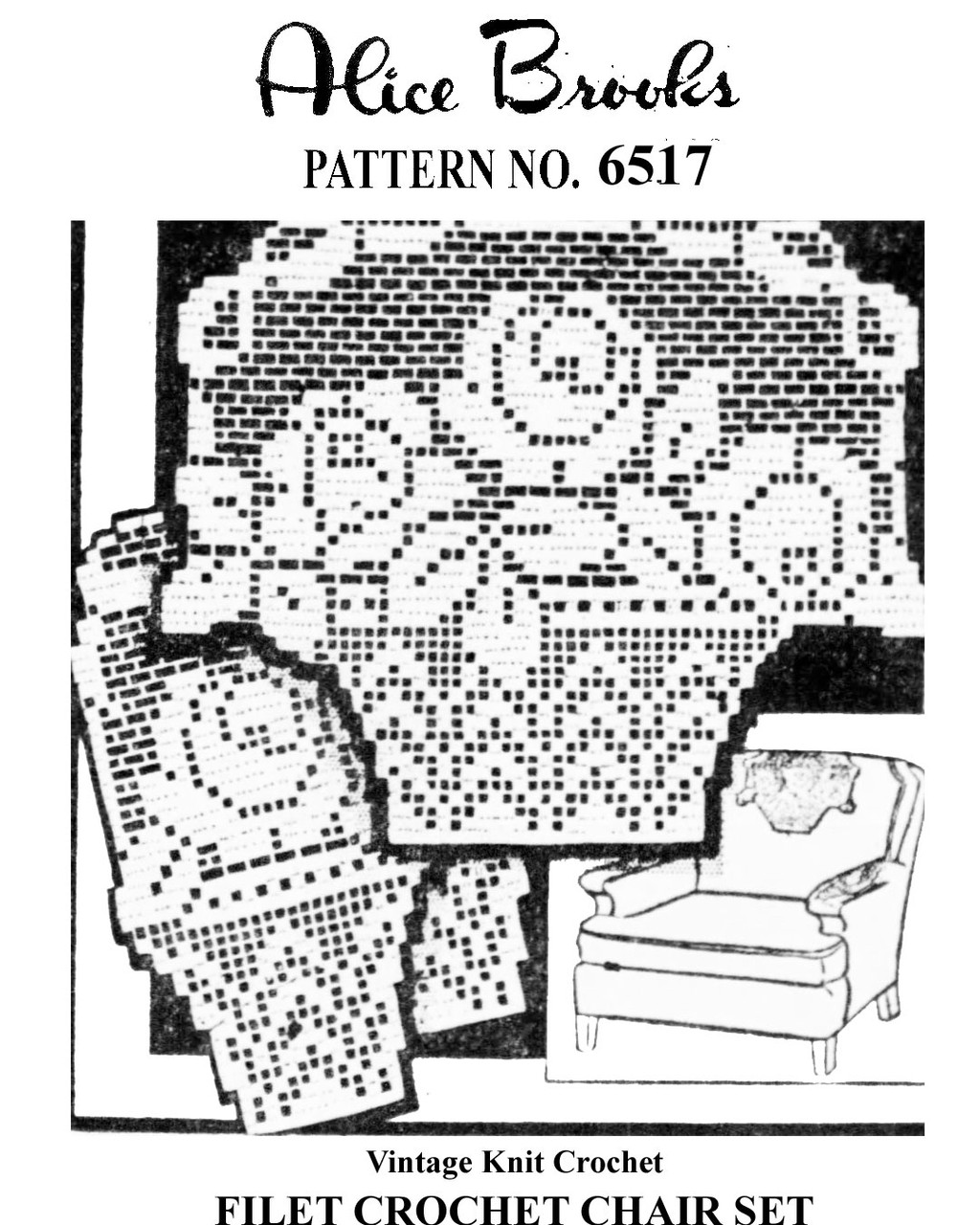 Rose Basket Filet Crochet Chair Doily Pattern Set, Design 6517