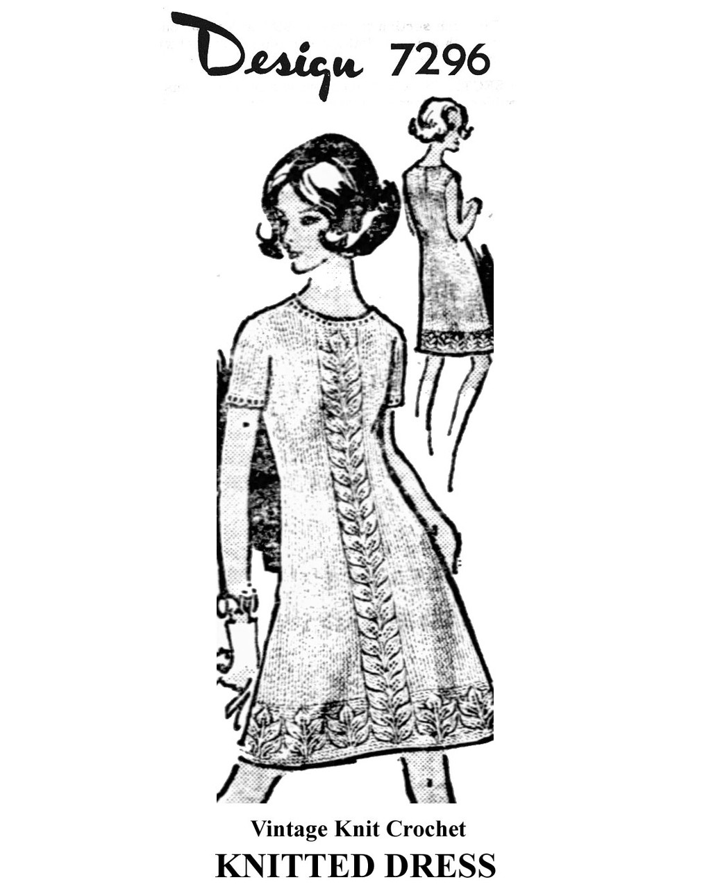 Knitted Stockinette Dress with leaf panel and border, Mail Order Design 7296