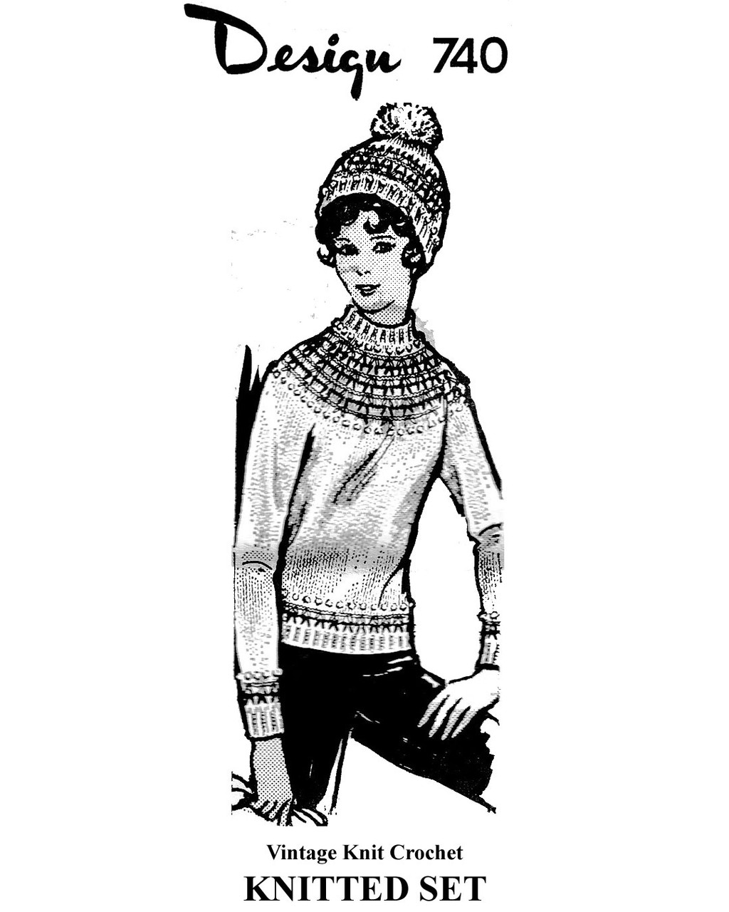 Ski Sweater knitting pattern with beanie cap, Mail Order Design 740