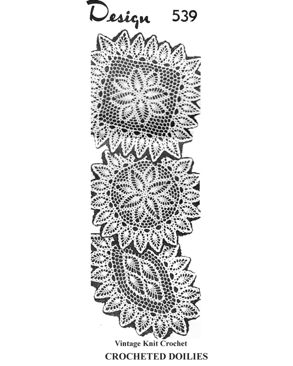 Laura Wheeler Design 914, Three Crocheted Pineapple Doilies - square round and oval.